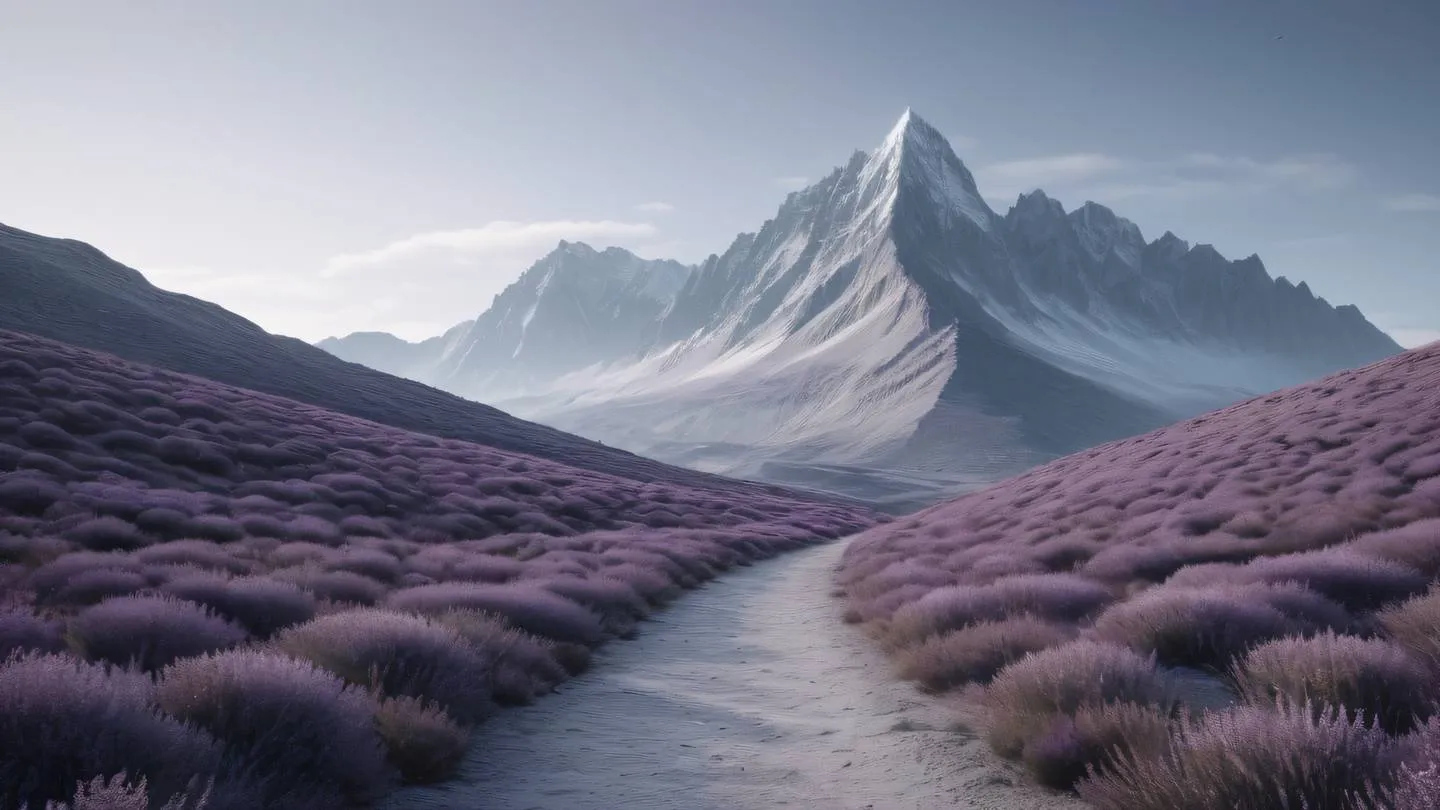 A serene mountain landscape with a clear path leading upward surrounded by minimal geometric patterns floating in the air in dusty lavender and cool gray tones high-quality ultra-realistic cinematic 8K UHD high resolution sharp and detail