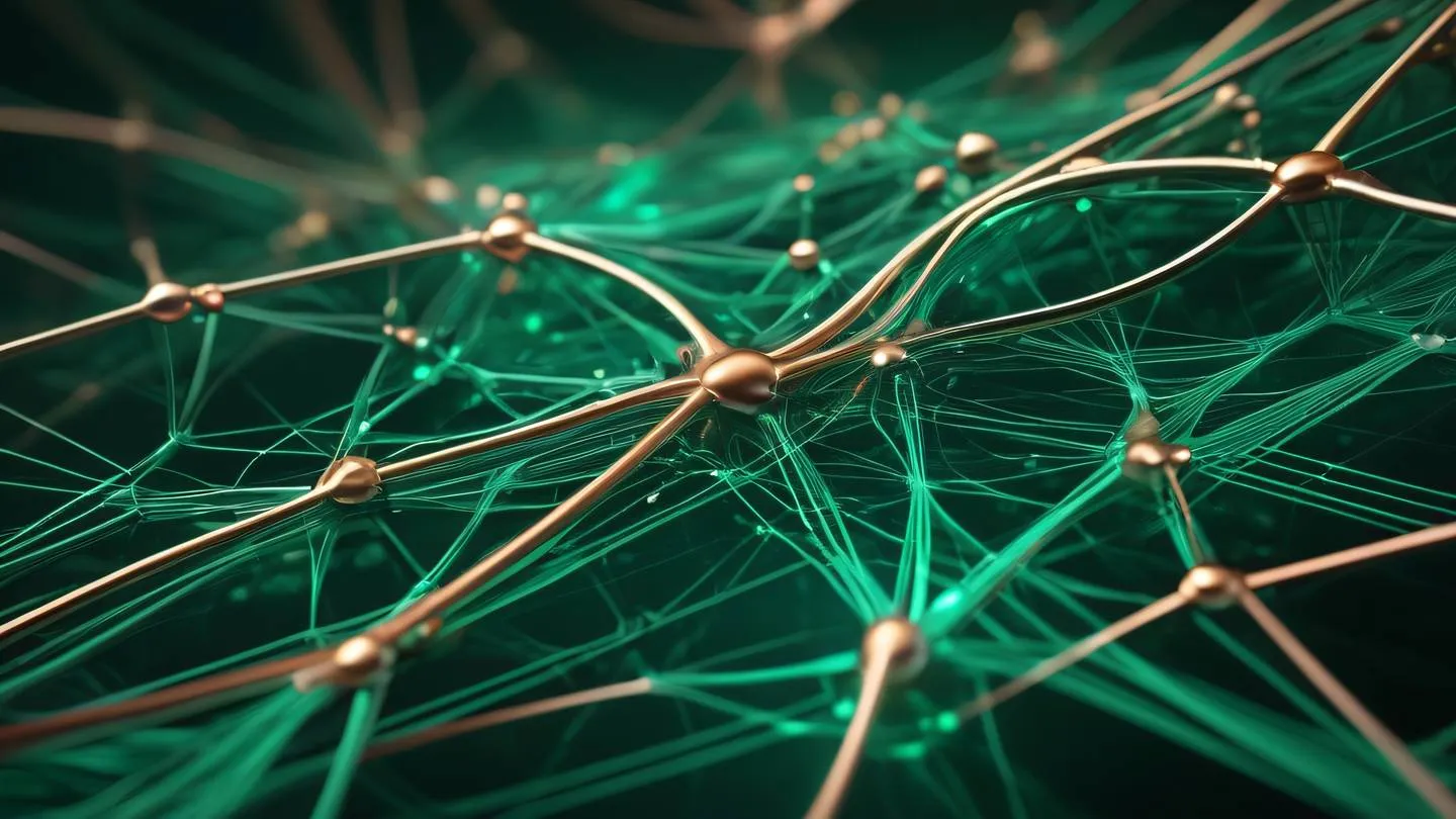 Abstract digital art depicting interconnected nodes and flowing energy patterns rendered in vibrant emerald holographic and rose gold colors representing the concept of dependencies and connections high-quality ultra-realistic cinematic 8K UHD high resolution sharp and detail