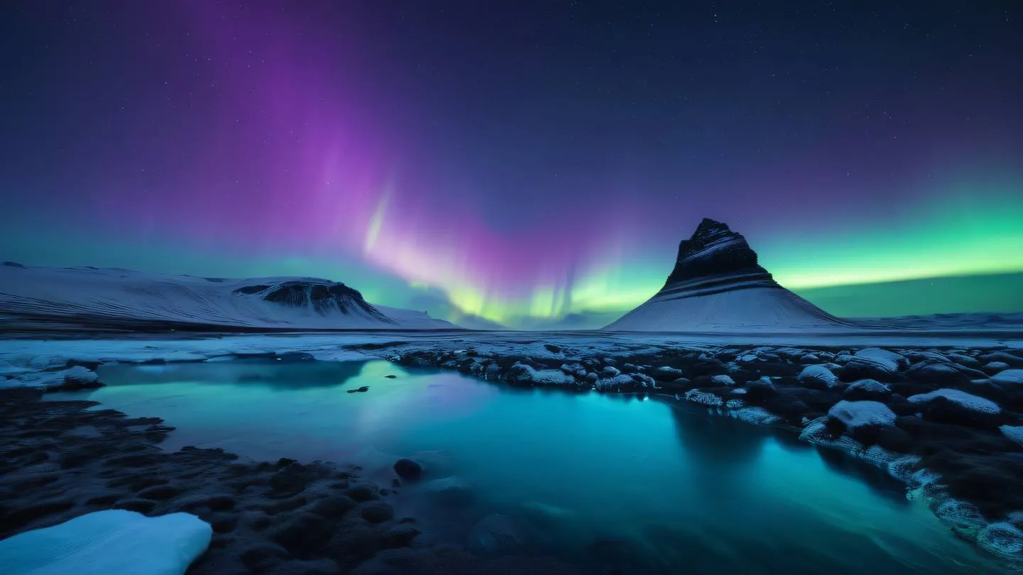 A majestic Iceland nature scene with ethereal aurora borealis swirling in the night sky featuring crystalline formations in the foreground painted in iridescent violet and cyan colors high-quality ultra-realistic cinematic 8K UHD high resolution sharp and detail