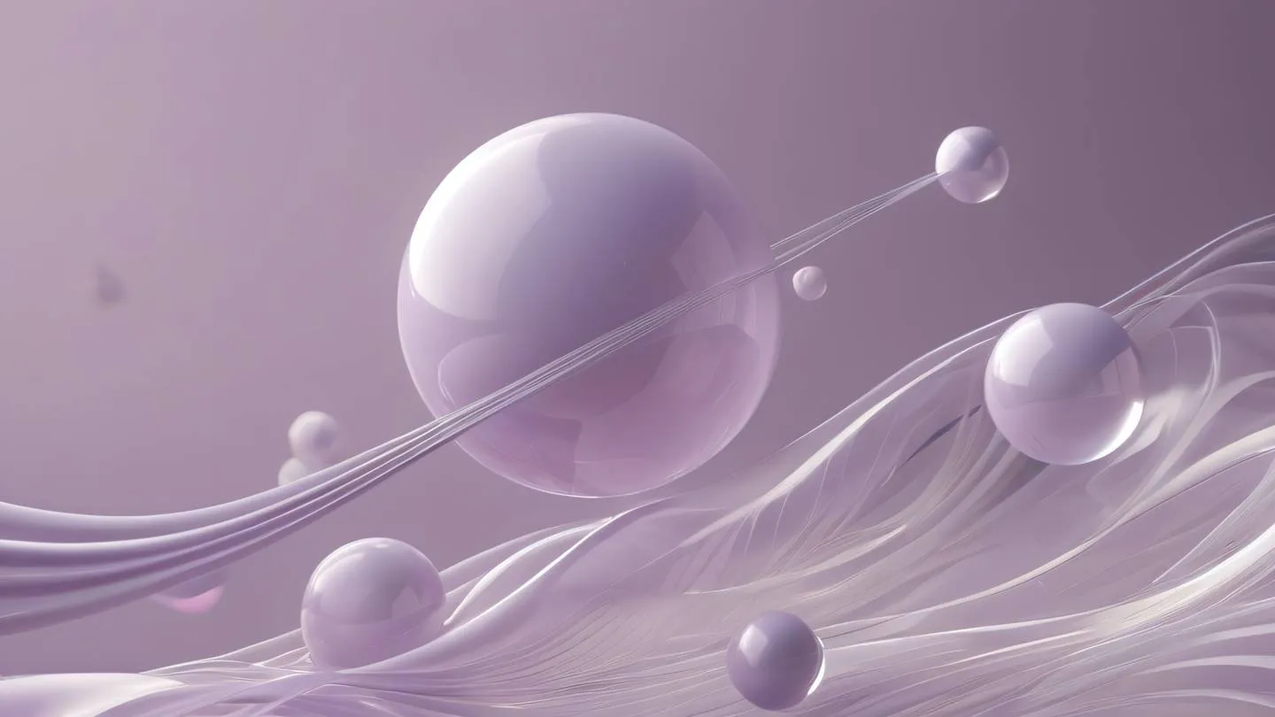 Abstract 3D digital art visualization of interconnected geometric shapes flowing and transforming representing the dynamic nature of React state management with floating translucent spheres and flowing lines in dusty lavender pale pink and silver colors high-quality ultra-realistic cinematic 8K UHD high resolution sharp and detail