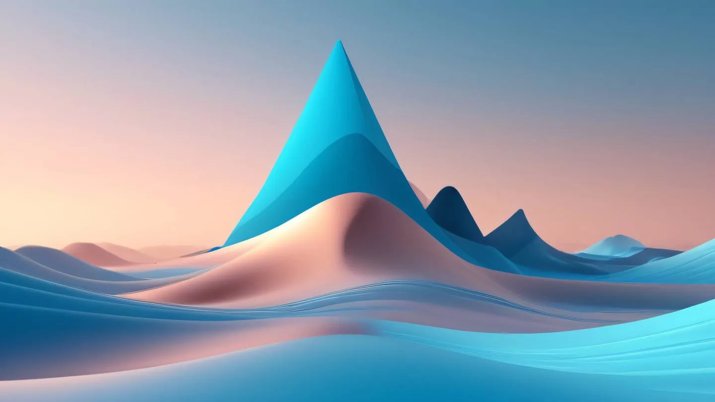 Abstract minimalist landscape with flowing lines and geometric shapes symbolizing the harmony of modern React development featuring gradient transitions in iridescent blue rose gold and neutral colors high-quality ultra-realistic cinematic 8K UHD high resolution sharp and detail