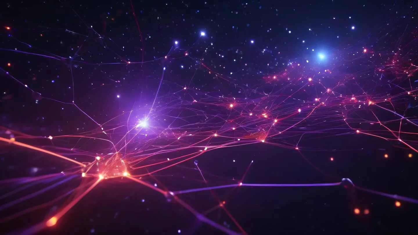 Abstract digital network nodes connected by glowing paths representing data flow through components vibrant violet and red energy streams against deep space background ultra-realistic cinematic 8K high resolution sharp and detailed