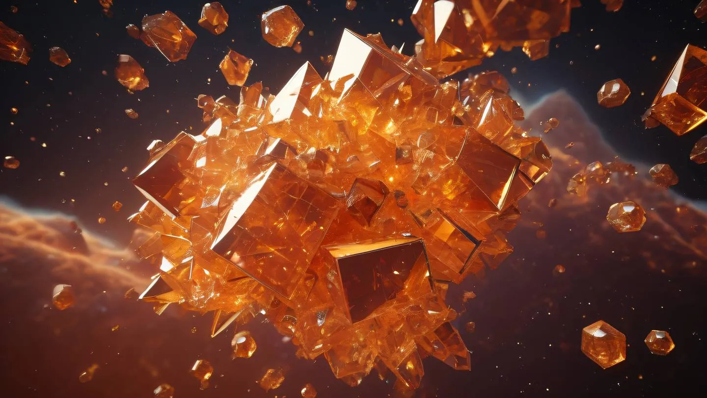 Geometric abstract composition of interconnected crystalline structures in warm colors floating in space representing component hierarchy high-quality ultra-realistic cinematic 8K sharp and detailed