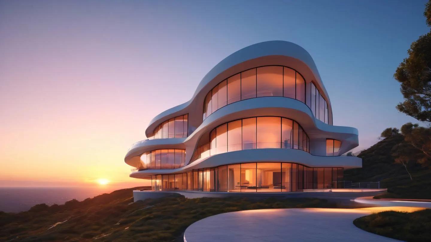 Modern minimalist architecture with flowing curves and interconnected pathways vivid sunset colors reflecting off glass surfaces representing organized structure high-quality ultra-realistic cinematic 8K UHD