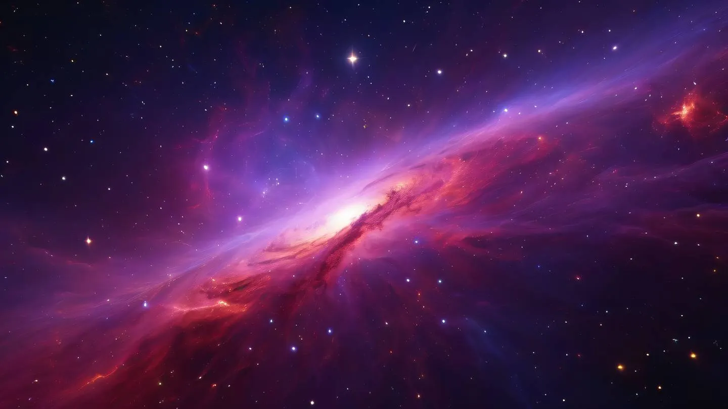 Cosmic nebula with flowing energy streams in bright violet and red hues representing seamless data flow ultra-realistic cinematic 8K high resolution sharp and detailed