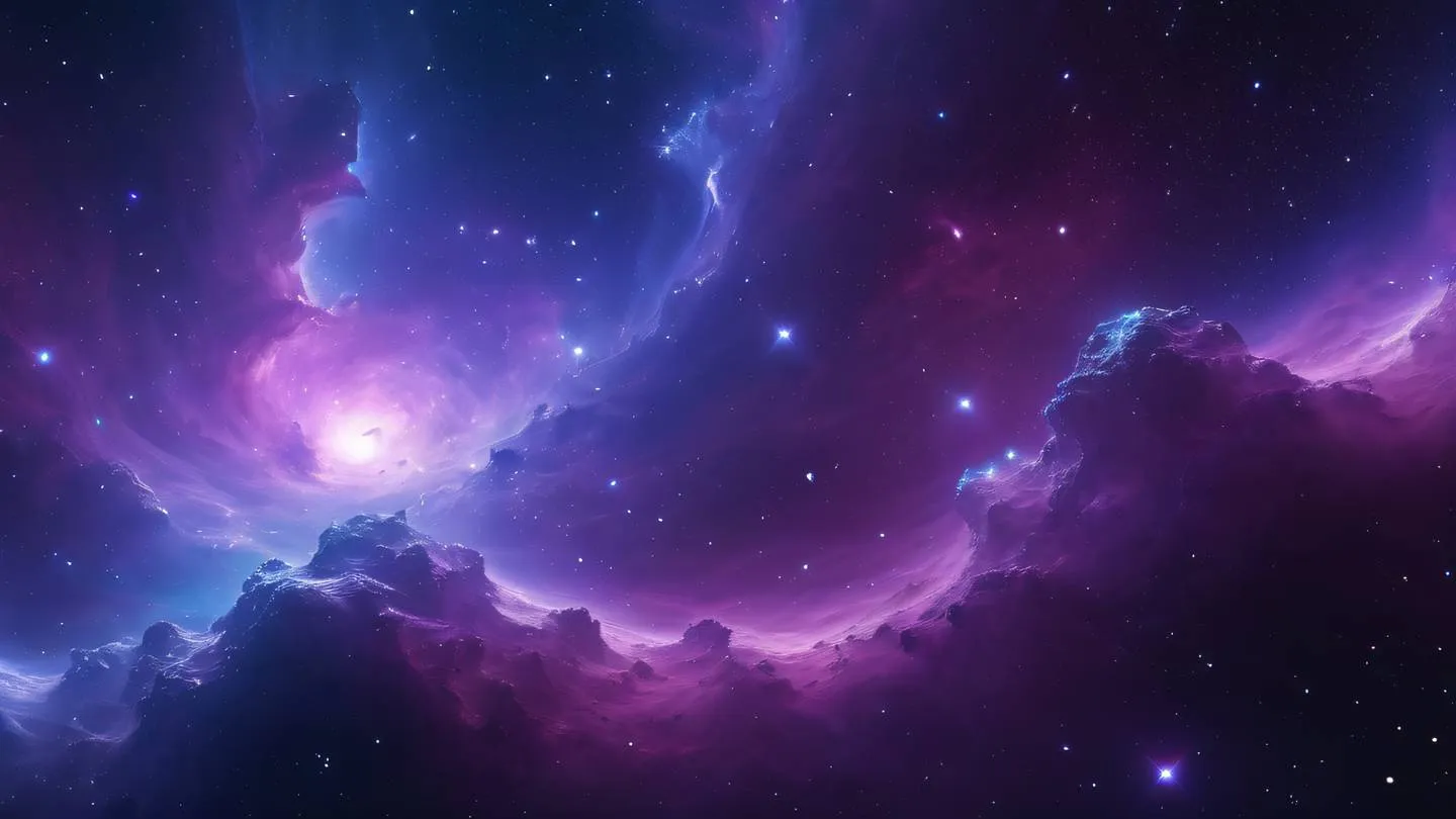 A serene cosmic scene with swirling nebulas in bright purple and electric blue colors featuring crystalline formations floating in space ultra-realistic cinematic 8K UHD high resolution sharp and detailed