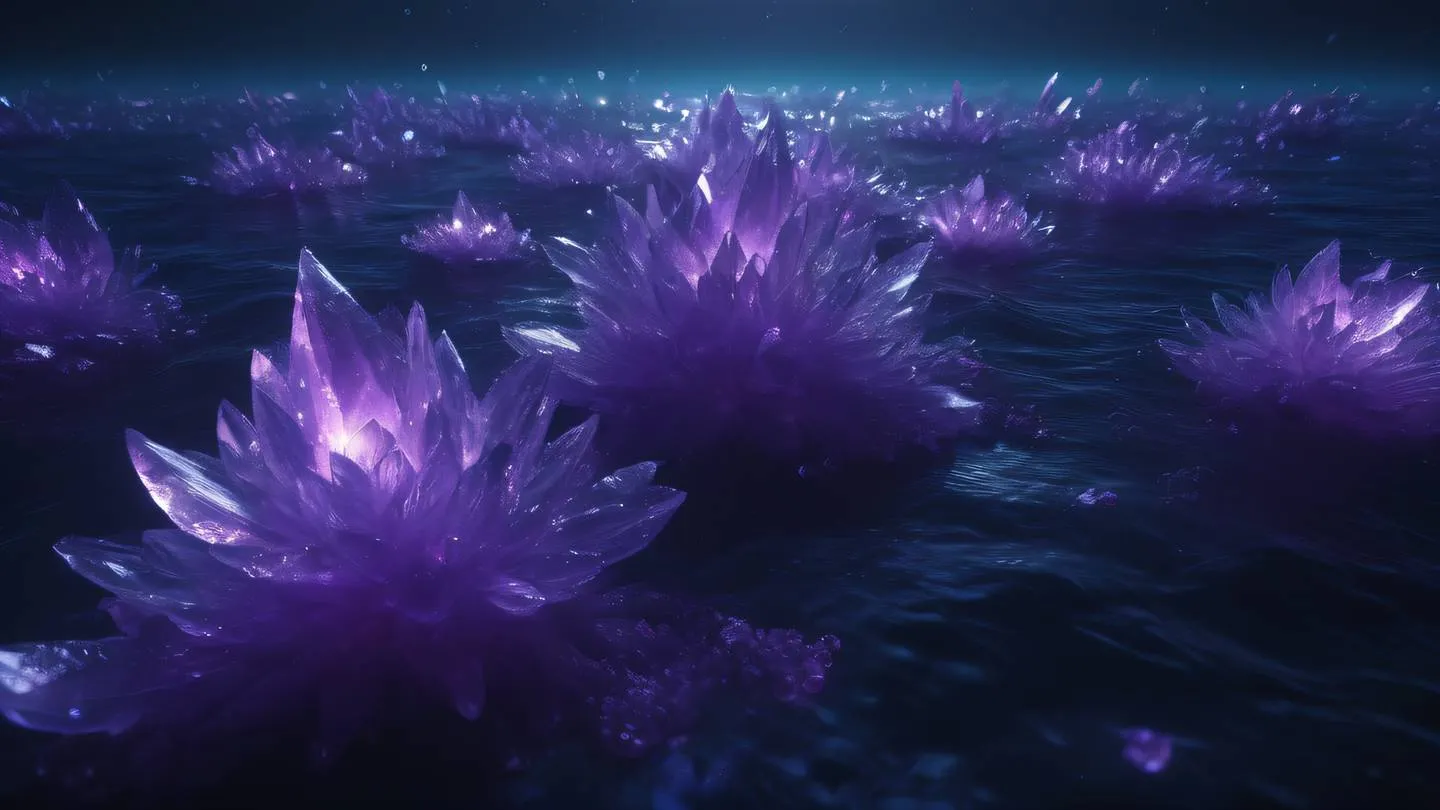 Dynamic crystal formations emerging from a deep purple sea with bright bioluminescent elements creating patterns in the water high-quality ultra-realistic cinematic 8K UHD