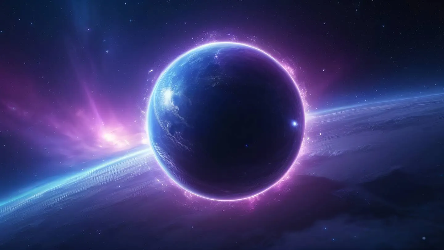 A magnificent crystalline planet with bright aurora-like formations in cool blues and purples surrounded by glowing rings ultra-realistic cinematic 8K UHD high resolution sharp and detailed