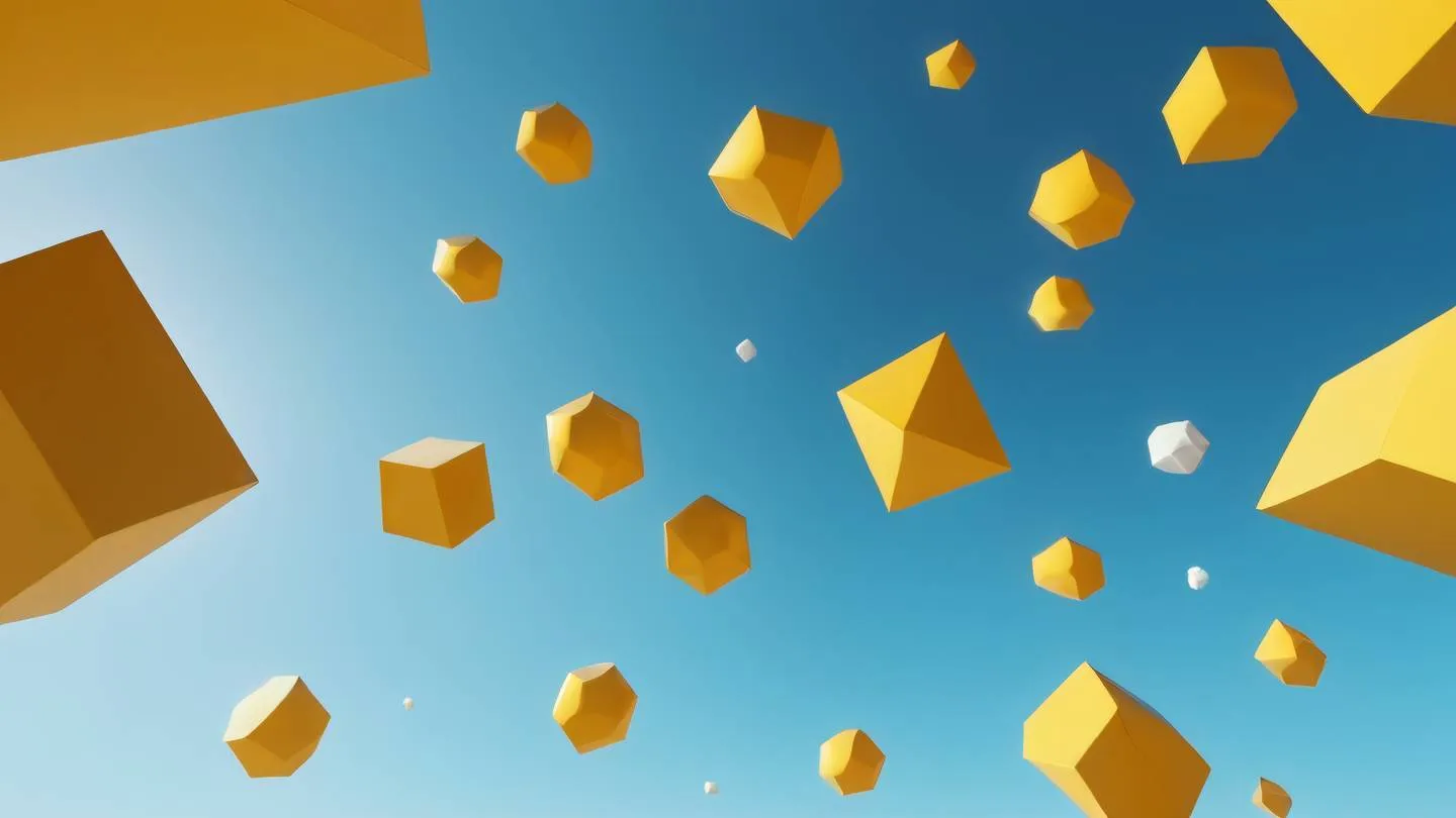 Abstract geometric shapes floating in space with minimal mustard yellow and bright sky blue gradients featuring crystalline structures high-quality ultra-realistic cinematic 8K UHD sharp and detailed