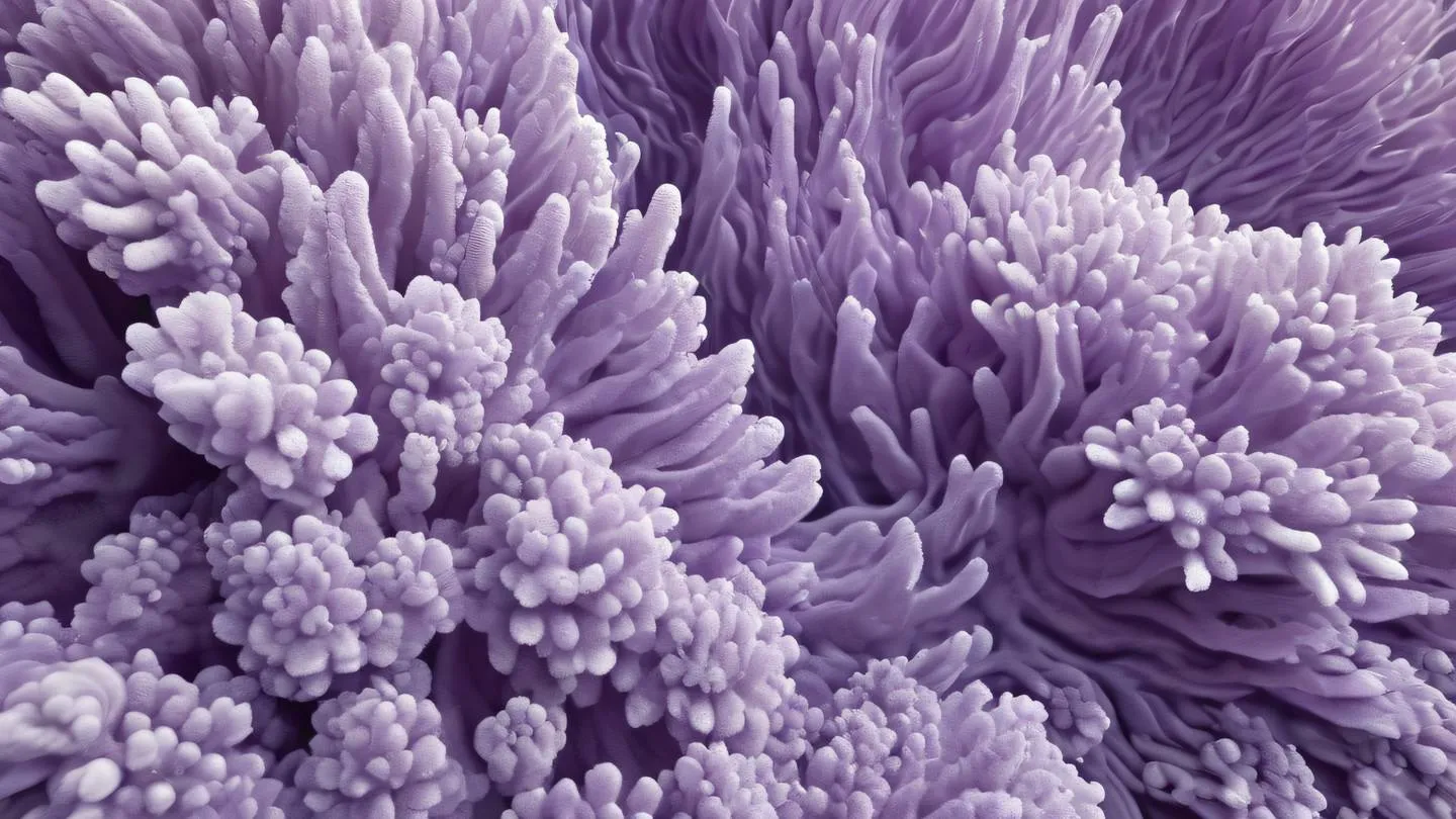 Flowing abstract patterns resembling coral reefs in bright dusty lavender and minimal white colors with organic shapes and textures high-quality ultra-realistic cinematic 8K UHD sharp and detailed