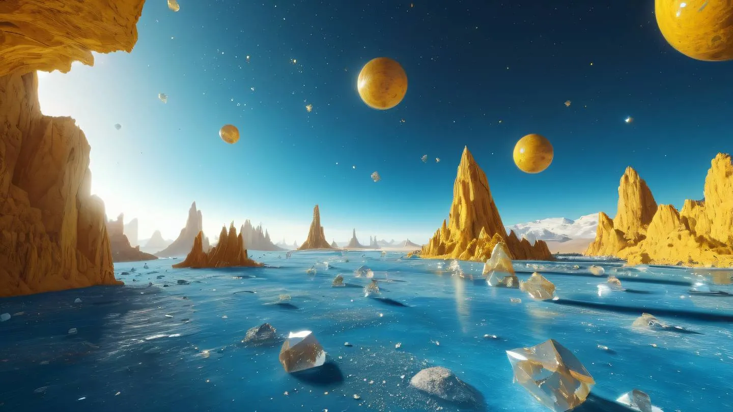 A celestial landscape with floating geometric crystals in bright sky blue and mustard yellow colors featuring abstract planetary forms high-quality ultra-realistic cinematic 8K UHD sharp and detailed