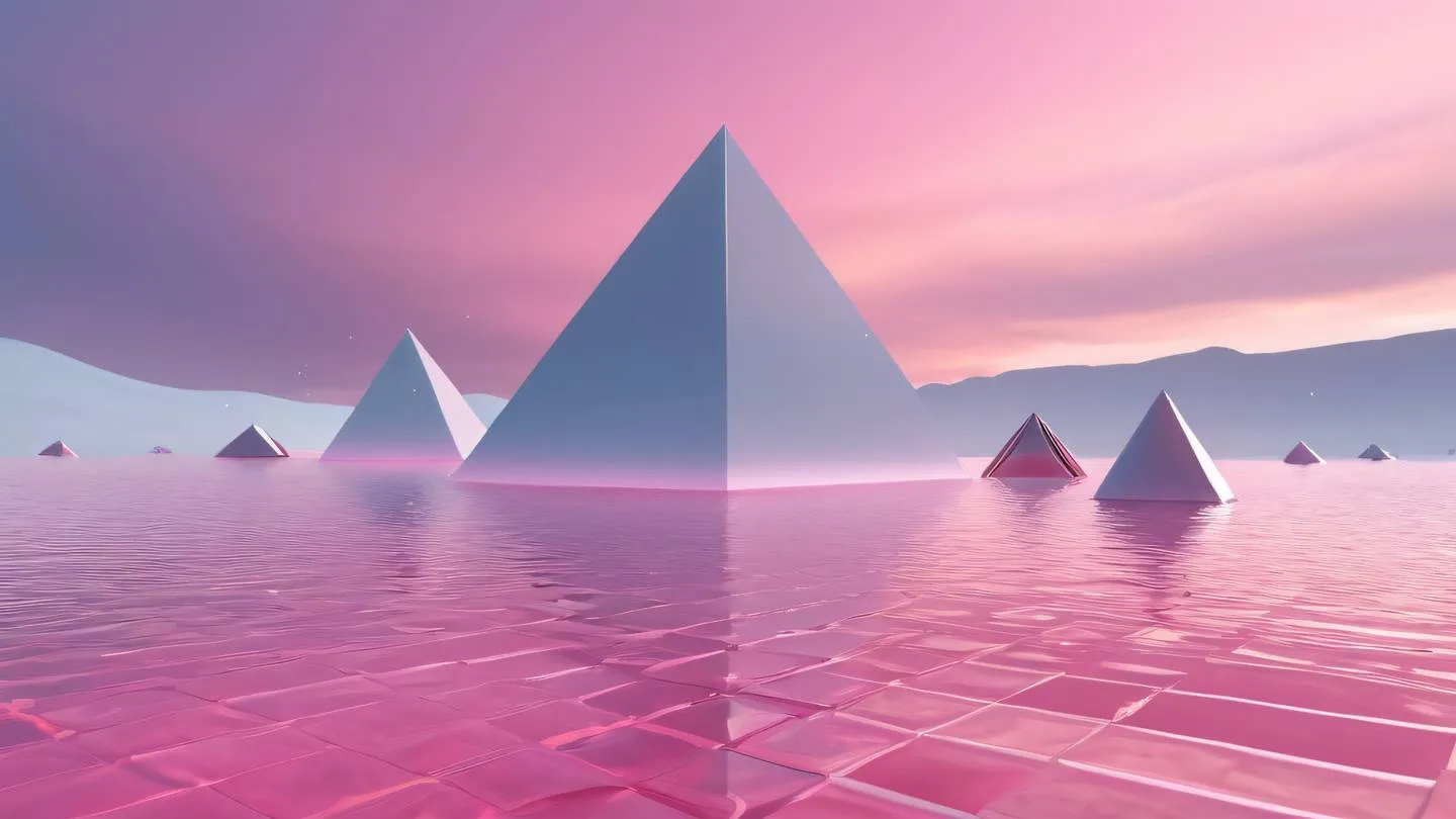 A serene abstract landscape with floating geometric shapes in bright zinc and pink colors against a gradient sky featuring crystalline structures and smooth curves high-quality ultra-realistic cinematic 8K UHD high resolution sharp and detailed