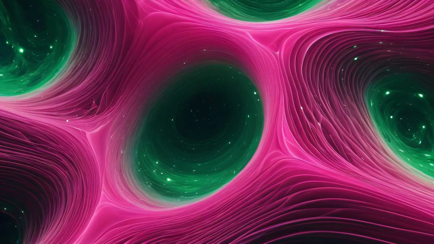 Abstract flowing waves of energy in bright pink and natural green colors intertwining in a cosmic space setting with geometric elements high-quality ultra-realistic cinematic 8K UHD high resolution sharp and detailed