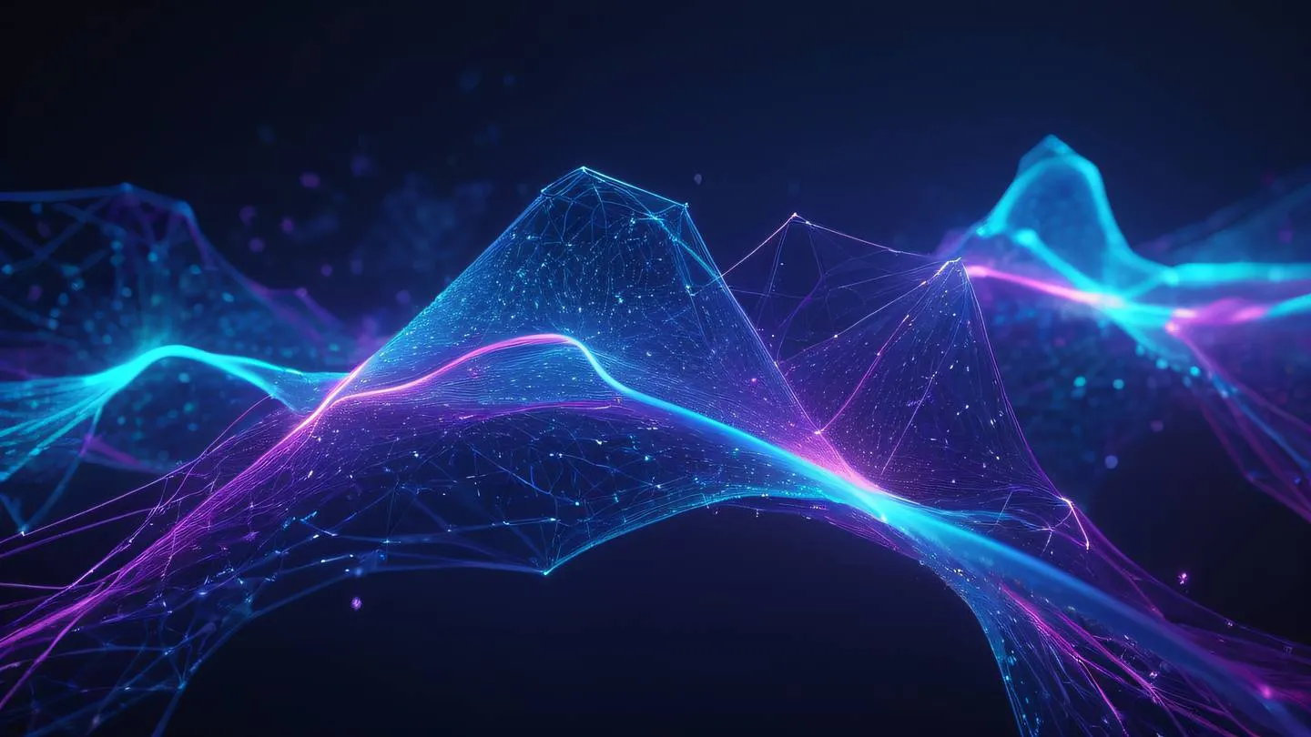 Abstract visualization of interconnected geometric nodes and flowing data streams in bright neon blue and purple colors representing react component lifecycle and side effects ultra-realistic cinematic 8K UHD high resolution sharp and detail