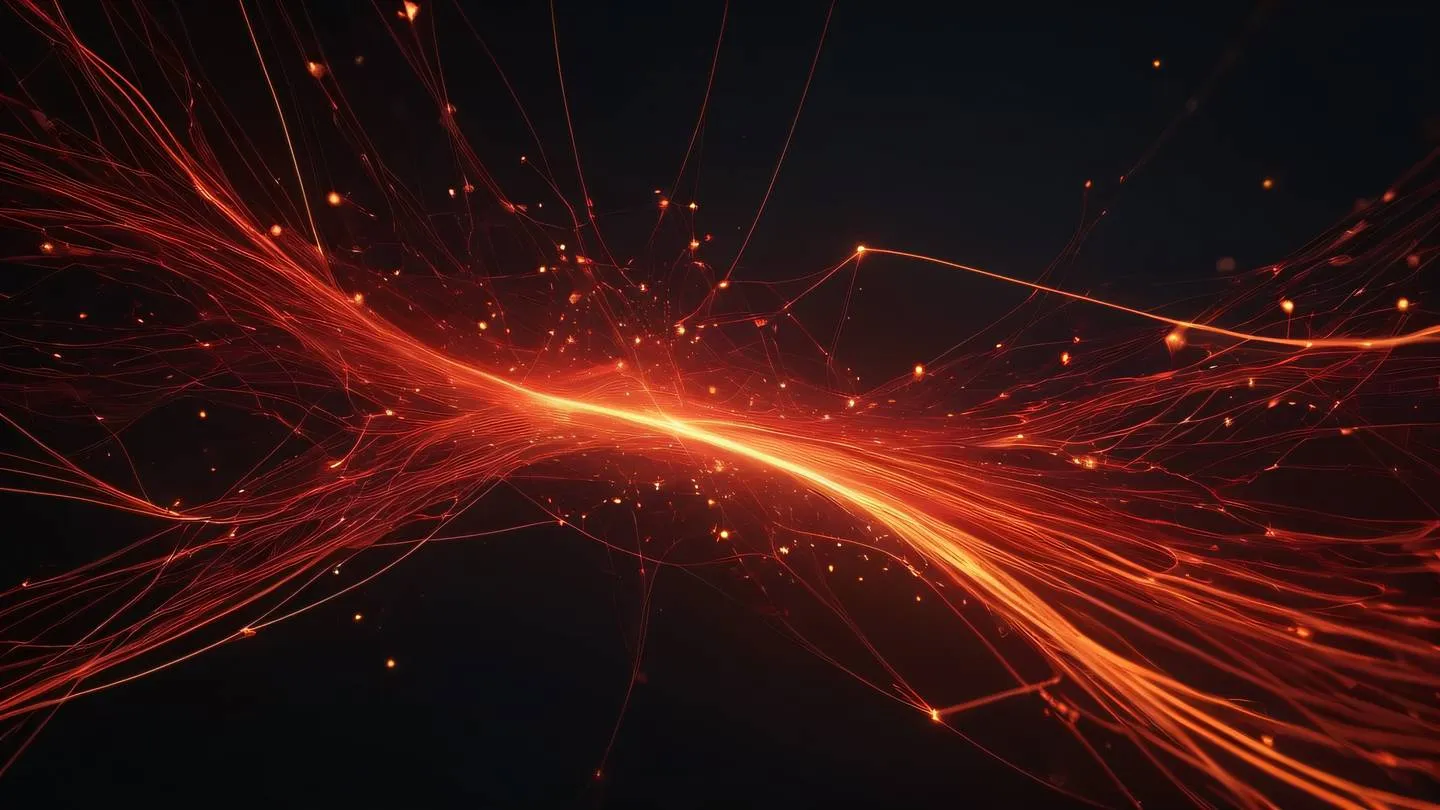 Futuristic abstract network of glowing red and orange energy flows against a dark background representing data flow and component interactions high-quality ultra-realistic cinematic 8K UHD high resolution sharp and detail