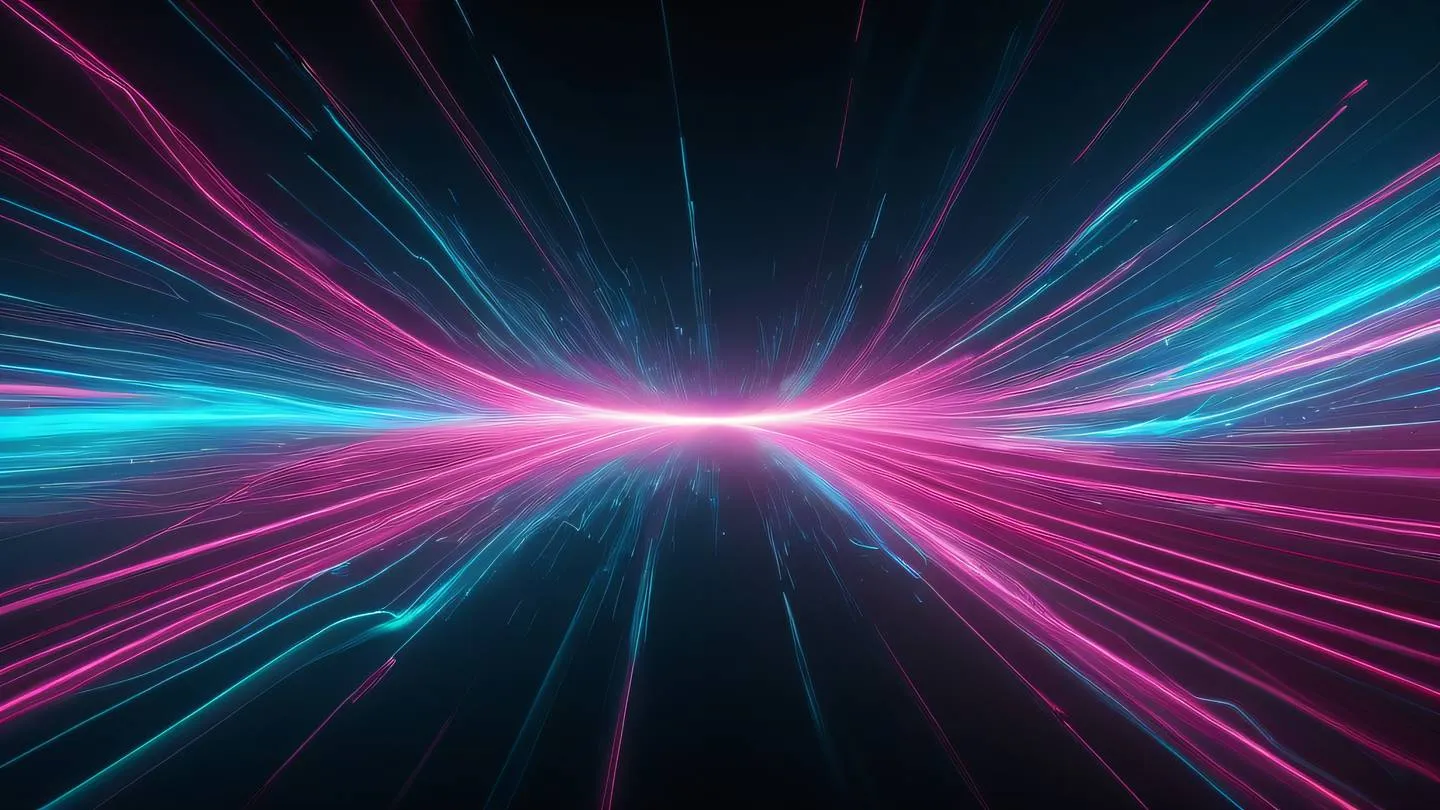 Dynamic abstract composition with flowing bright neon pink and cyan energy streams representing synchronized systems and data flow high-quality ultra-realistic cinematic 8K UHD high resolution sharp and detail