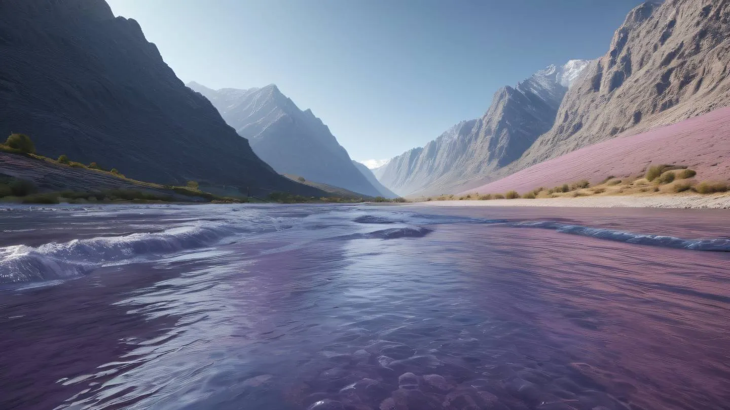 Flowing river splitting into multiple crystalline streams against a mountain backdrop with bright dusty lavender and metallic silver water reflections high-quality ultra-realistic cinematic 8K UHD high resolution sharp and detail