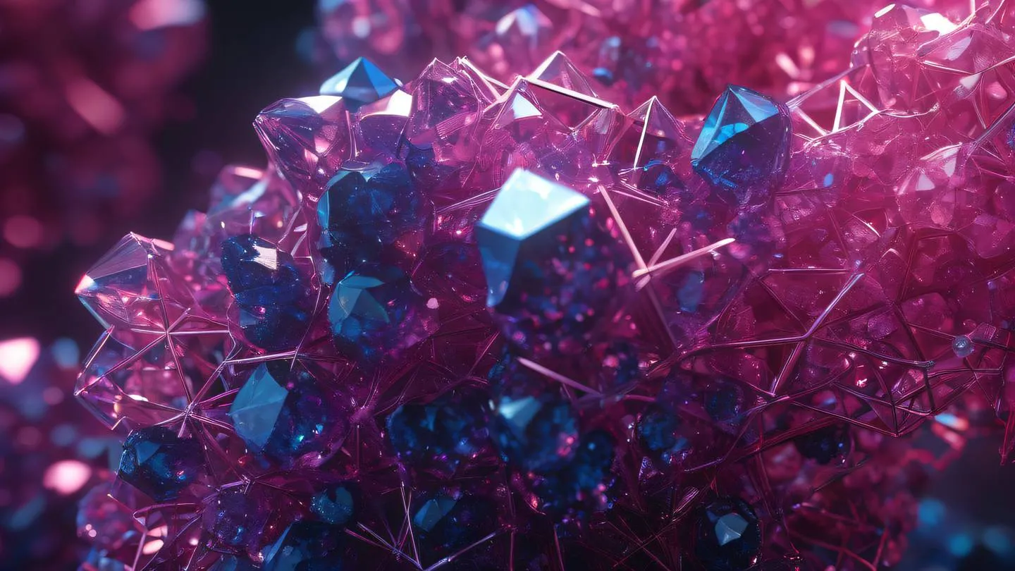 Geometric crystalline structure with interconnected nodes featuring bright pink and metallic blue crystals with light passing through them high-quality ultra-realistic cinematic 8K UHD high resolution sharp and detail