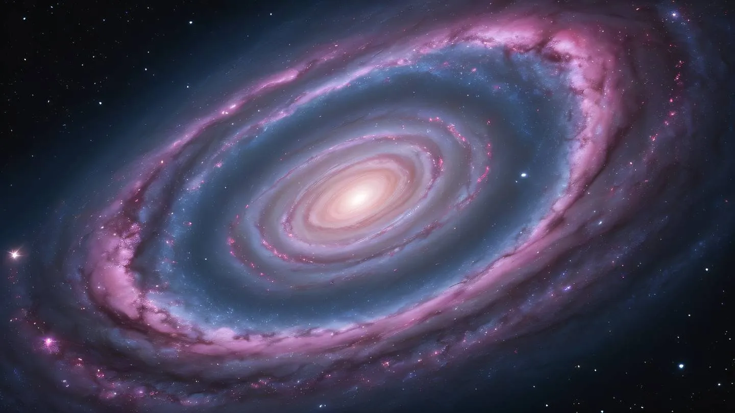 Spiral galaxy formation viewed from above with swirling arms in bright pink and gray-blue cosmic dust stars scattered throughout high-quality ultra-realistic cinematic 8K UHD high resolution sharp and detail