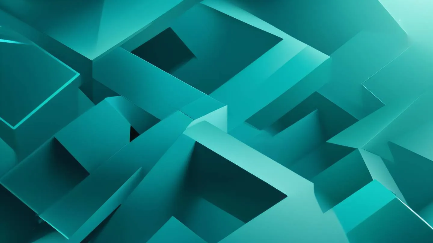 A flowing abstract composition with interconnected geometric shapes floating in space featuring bright cerulean blue and seafoam green gradients viewed from a slightly elevated angle high-quality ultra-realistic cinematic 8K UHD high resolution sharp and detail