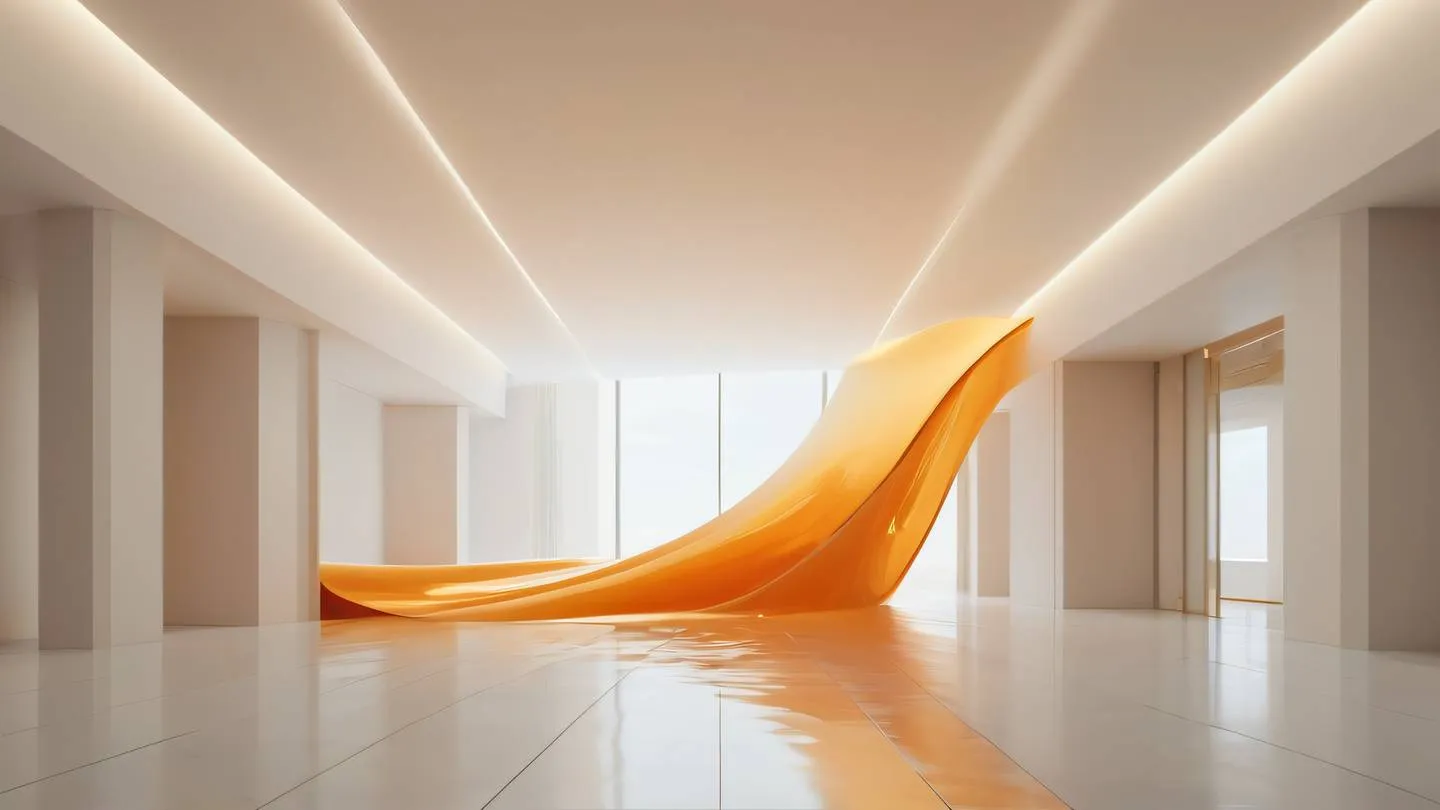 Abstract fluid motion of bright orange and golden waves flowing through a minimalist architectural space captured from a front perspective high-quality ultra-realistic cinematic 8K UHD high resolution sharp and detail