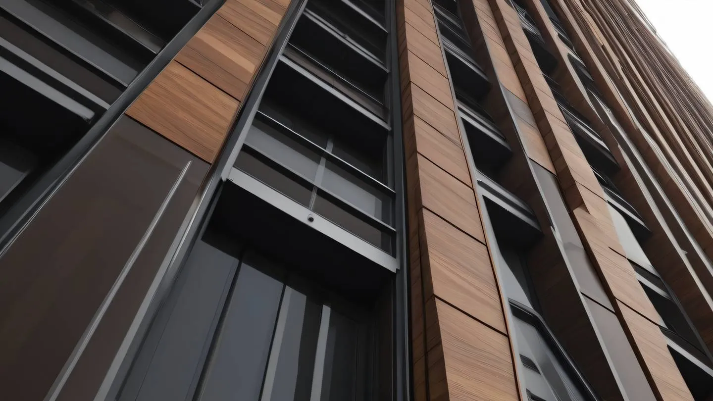 Modern minimalist structure with cascading layers in warm walnut browns and iron greys photographed from a low angle perspective high-quality ultra-realistic cinematic 8K UHD high resolution sharp and detail