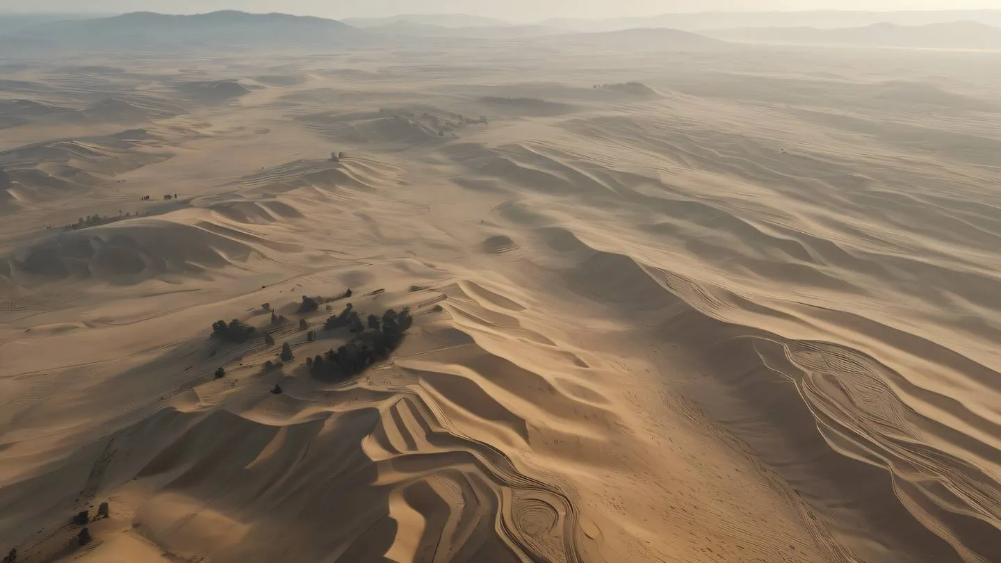 Ethereal landscape with floating geometric patterns in October mist and sand colors with black accents viewed from a bird's eye perspective high-quality ultra-realistic cinematic 8K UHD high resolution sharp and detail