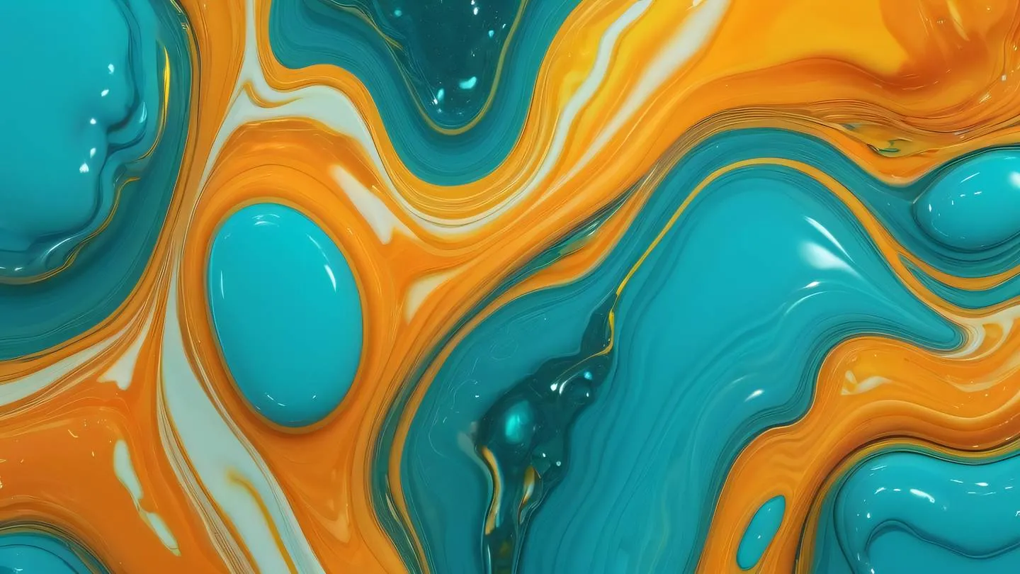 Abstract fluid art with flowing organic shapes dominant bright orange and yellow colors transitioning to turquoise smooth glossy texture like liquid glass captured from top-down perspective high-quality ultra-realistic cinematic 8K UHD high resolution sharp and detail