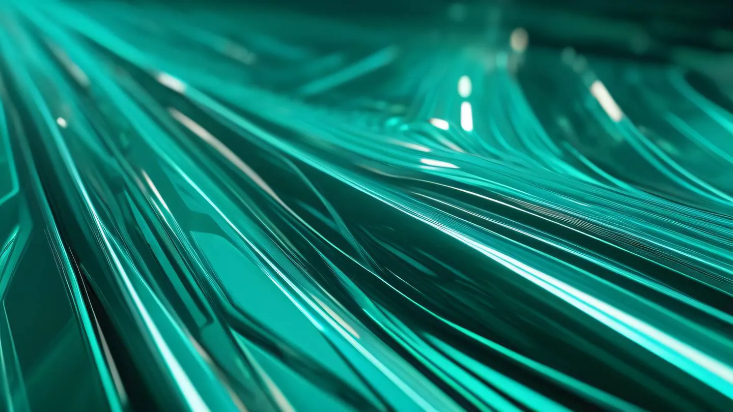 Geometric abstract composition with interconnected flowing lines and shapes bright cyan and forest green color palette glass-like reflective surface photographed from a 45-degree angle high-quality ultra-realistic cinematic 8K UHD high resolution sharp and detail