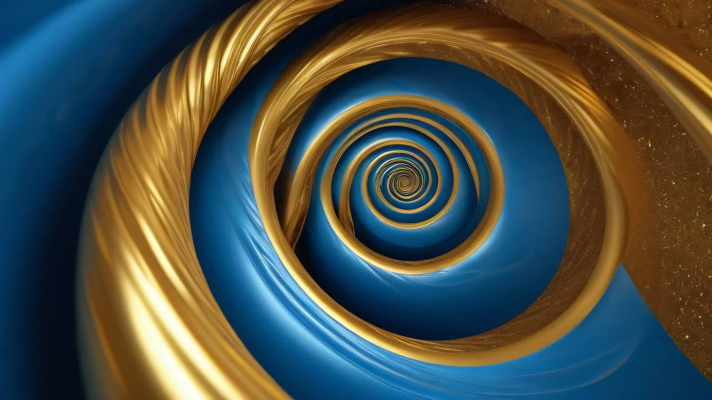 Elegant spiral pattern with dynamic curves and waves brilliant azure blue blending into golden yellow metallic sheen texture captured from a dramatic low angle high-quality ultra-realistic cinematic 8K UHD high resolution sharp and detail