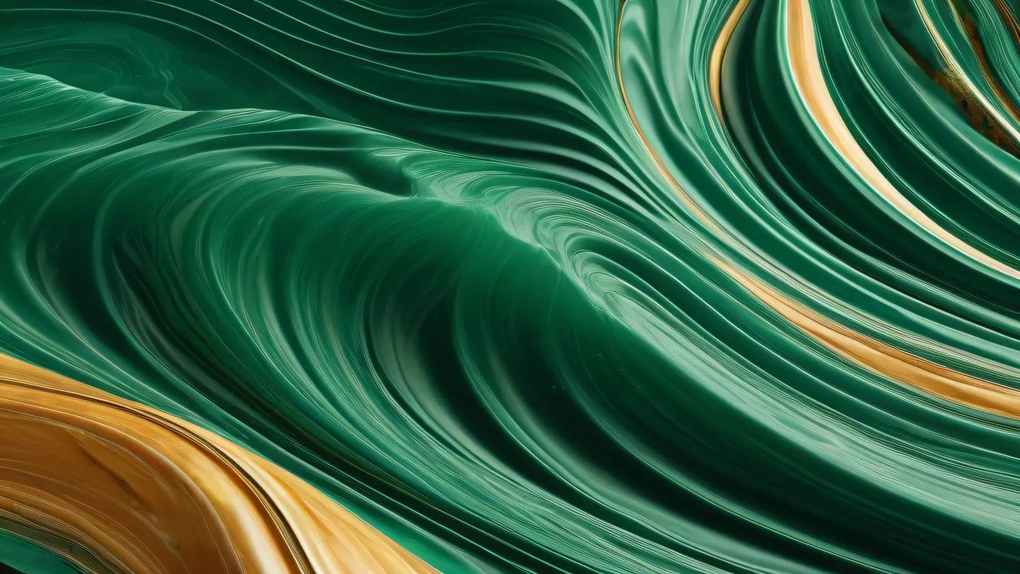 Dynamic abstract waves and ripples pattern vibrant emerald green transitioning to warm amber smooth marble-like texture photographed from bird's eye view high-quality ultra-realistic cinematic 8K UHD high resolution sharp and detail