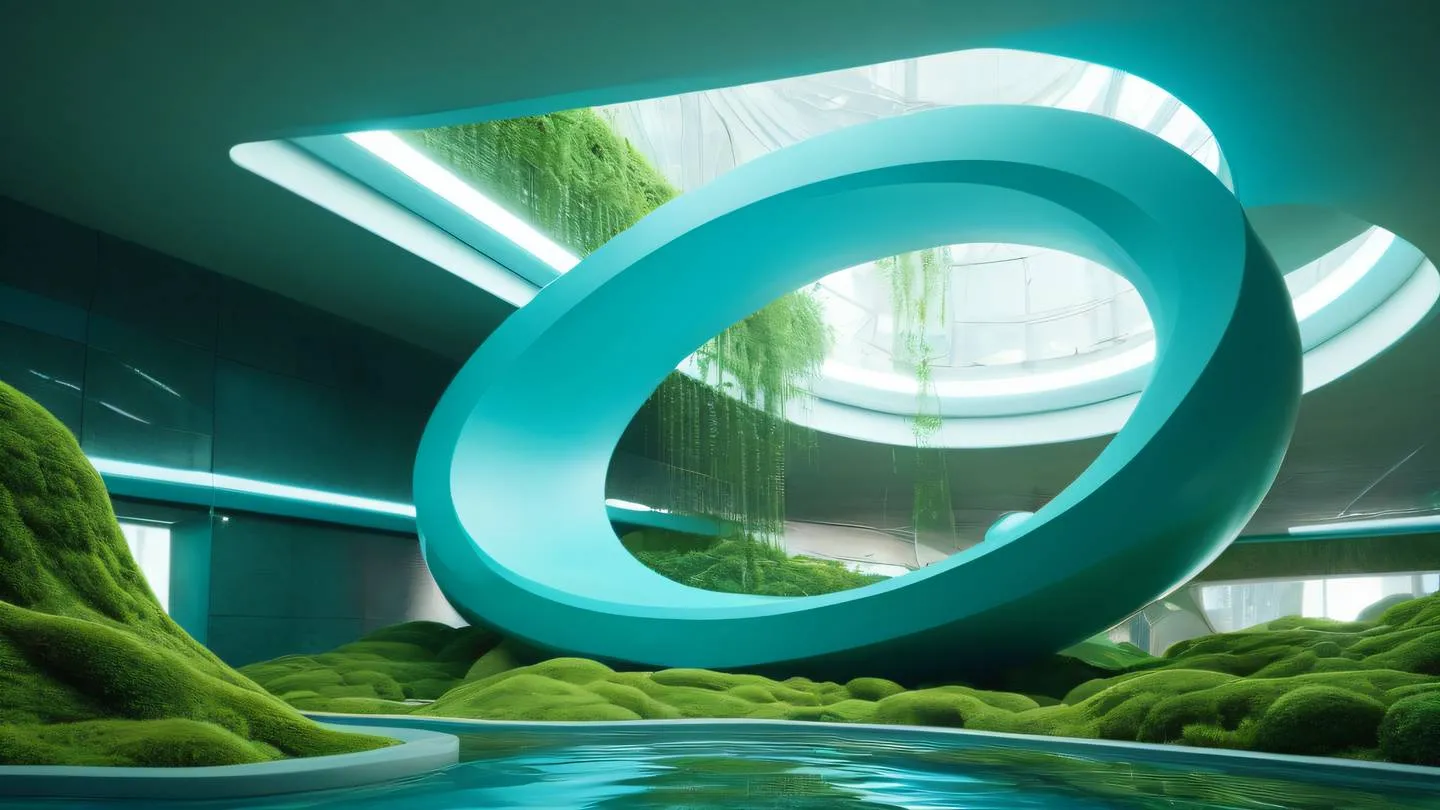 Futuristic abstract interior with floating geometric shapes dominated by turquoise blue and fresh moss green colors featuring curved architecture and glass elements captured from a low angle perspective high-quality ultra-realistic cinematic 8K UHD high resolution sharp and detail