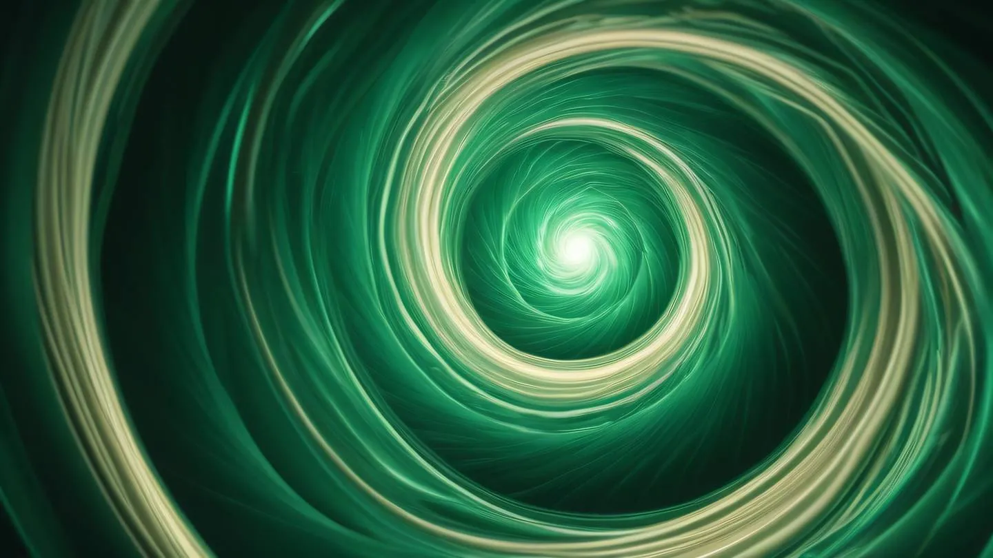 Abstract flowing energy waves with rich emerald green and cream colored light streams swirling in a spiral pattern shot from a birds-eye view high-quality ultra-realistic cinematic 8K UHD high resolution sharp and detail