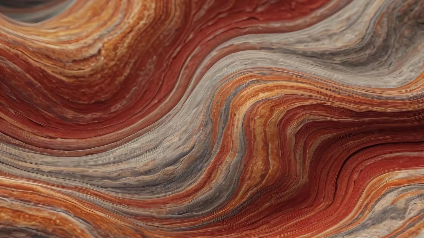 Organic stone texture pattern with perfect red and ochre colors flowing in abstract waves macro close-up shot from front angle high-quality ultra-realistic cinematic 8K UHD high resolution sharp and detail