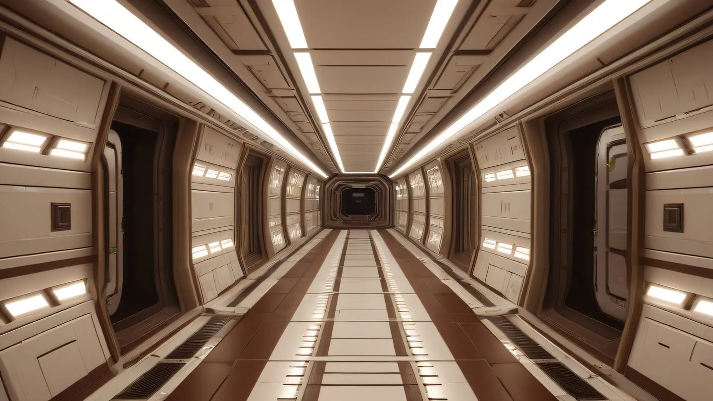 Space station interior corridor with off-white and rich brown color scheme featuring geometric light patterns dramatic lighting from side angle high-quality ultra-realistic cinematic 8K UHD high resolution sharp and detail