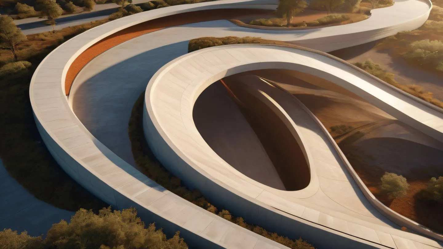 Modern concrete architectural curves and flowing lines creating an abstract pathway warm earth tones and copper highlights natural sunlight casting dynamic shadows ultra-realistic cinematic 8K UHD high resolution sharp detail aerial perspective shot