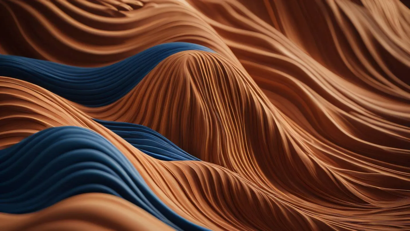 Organic clay sculptures forming wave-like patterns and intersecting curves rich terracotta and ochre colors with touches of deep blue ultra-realistic cinematic lighting 8K UHD high resolution sharp detail side profile shot with depth