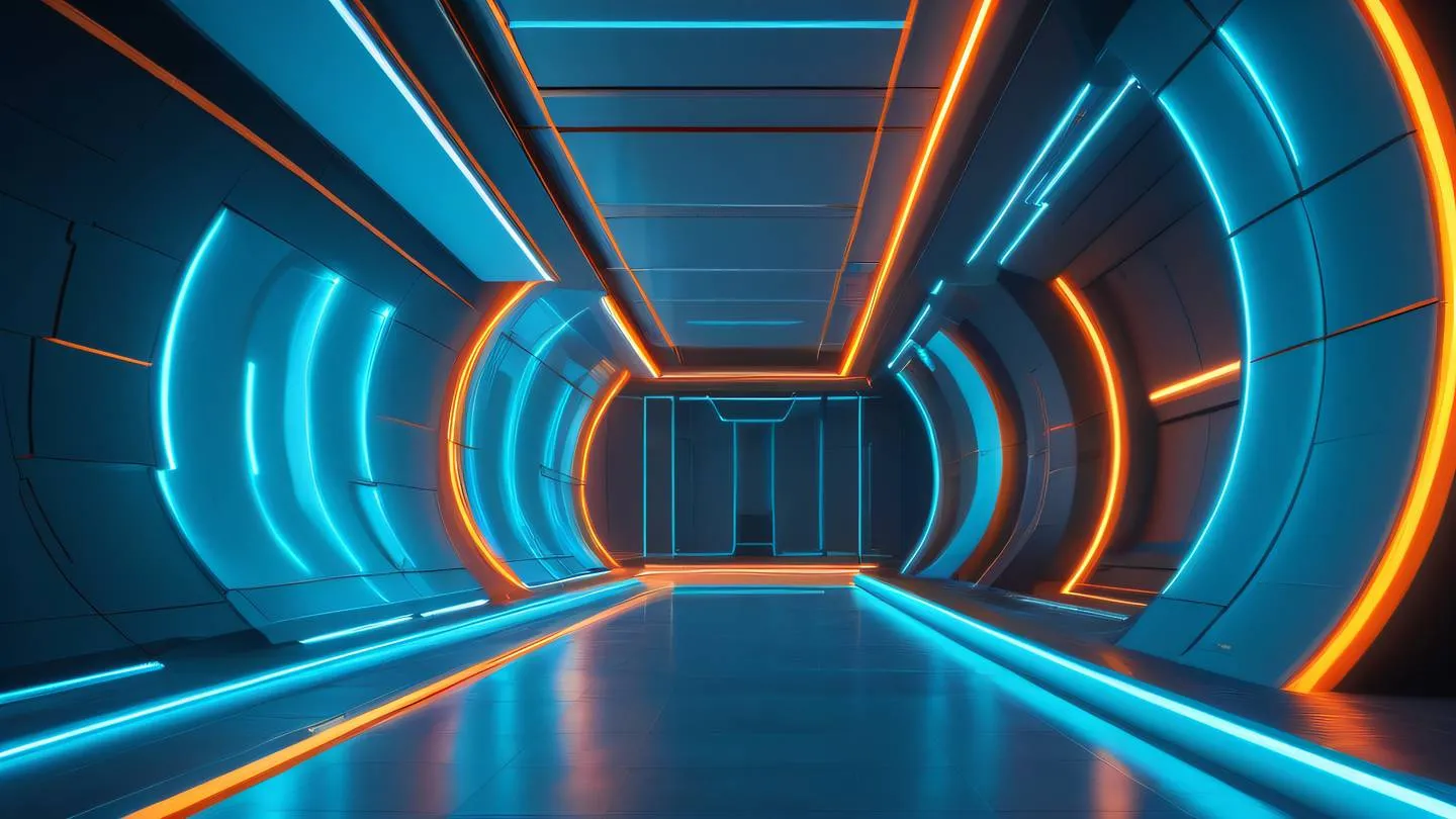 Abstract architectural environment with neon accents against clean geometric shapes electric blue and bright cyan with contrasting orange highlights ultra-realistic cinematic lighting 8K UHD high resolution sharp detail wide angle perspective shot