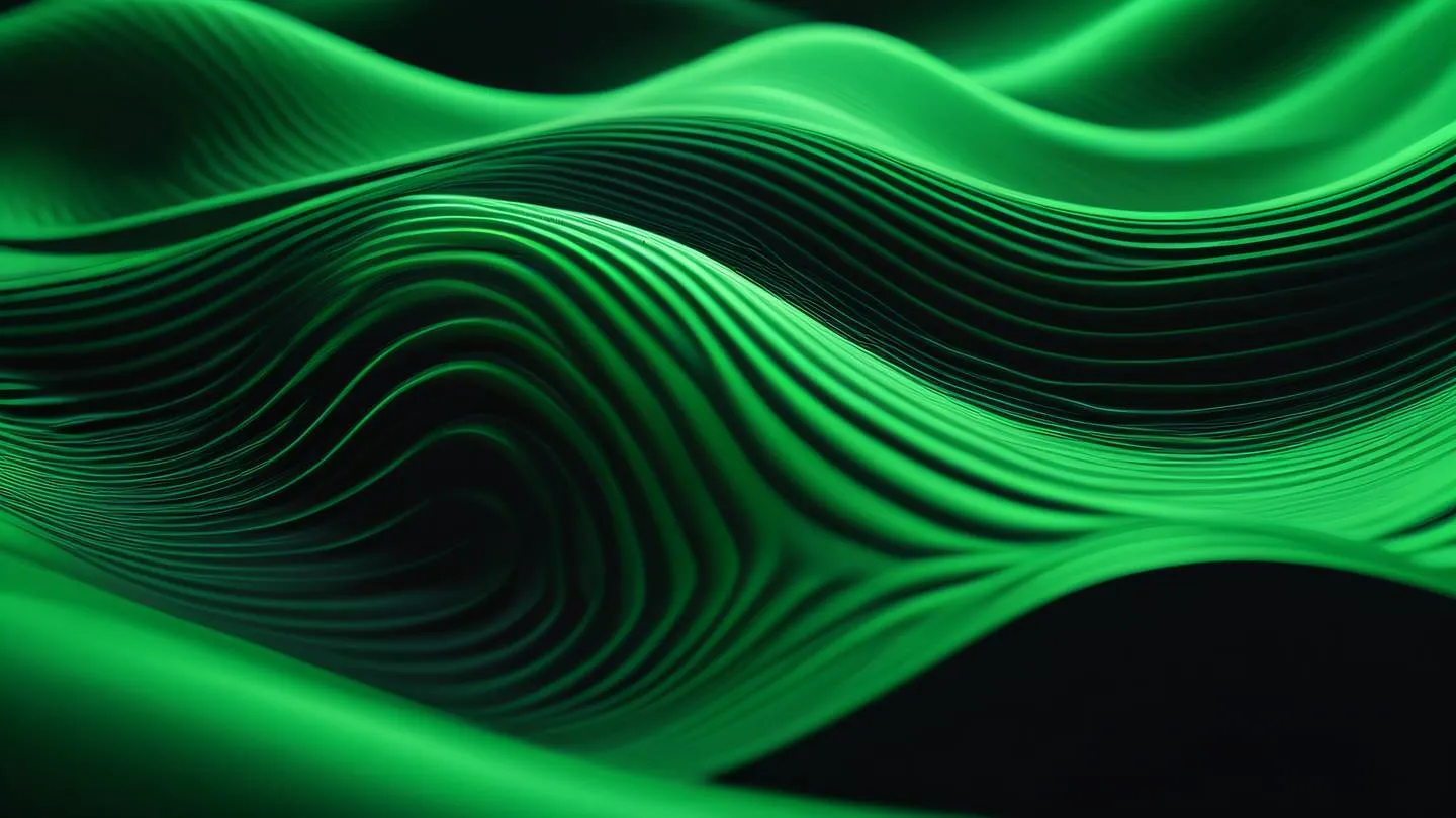 Organic flowing waves and ripples in bright green and black featuring geometric patterns suggesting digital transformation captured from a 45-degree angle high-quality ultra-realistic cinematic 8K UHD high resolution sharp and detail