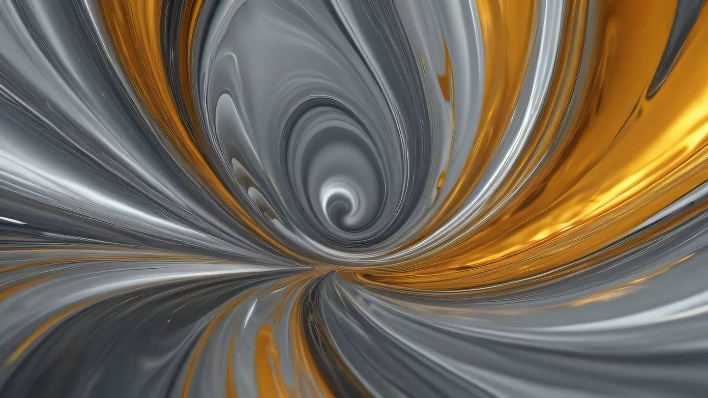 Abstract fluid art representing smooth motion and transitions dominant silver and amber tones swirling together like liquid metal shot from above high-quality ultra-realistic cinematic 8K UHD high resolution sharp and detail