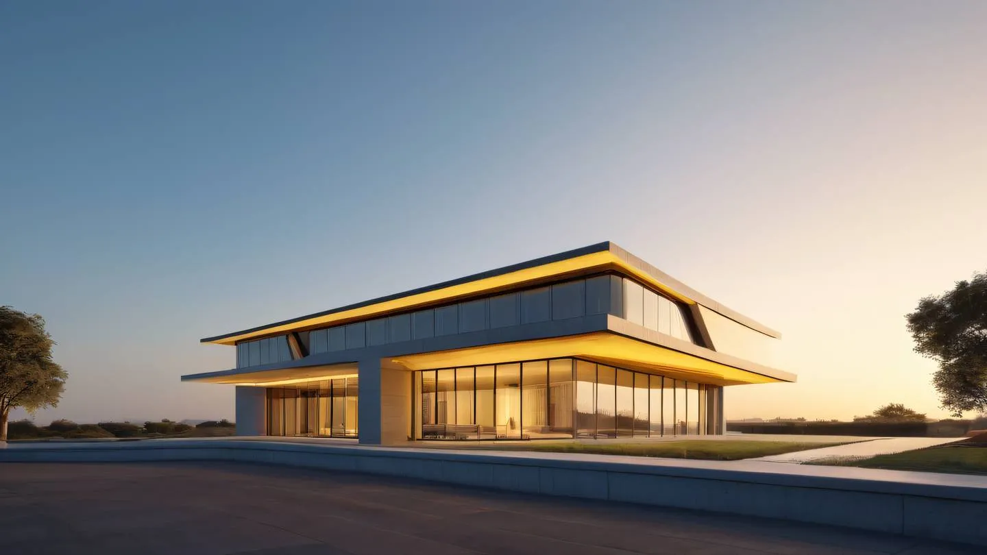 Modern minimalist architectural structure with clean geometric lines and sweeping curves bathed in warm yellow light against clear sky shot from low angle emphasizing height and grandeur high-quality ultra-realistic cinematic 8K UHD high resolution sharp and detail