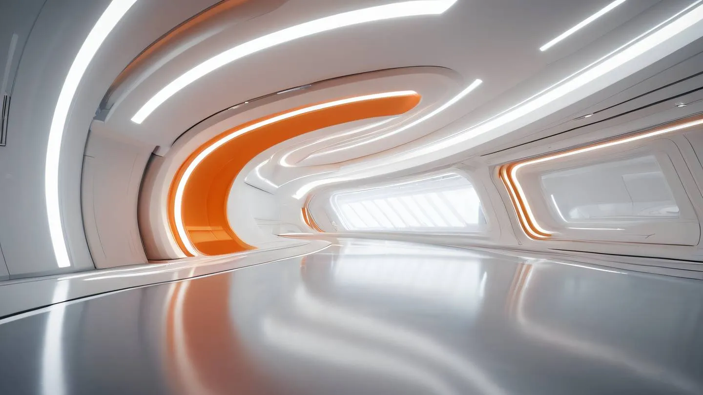 Futuristic interior space with flowing light trails and curved architecture bold orange and white color scheme photographed from a low angle perspective high-quality ultra-realistic cinematic 8K UHD high resolution sharp and detail