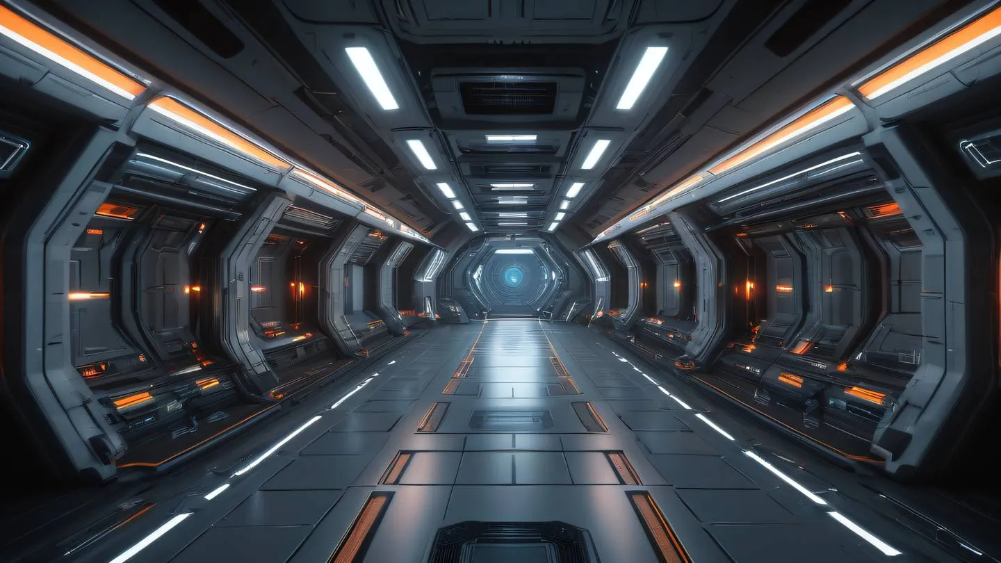 Abstract space station interior with glowing energy streams metallic gray and bright orange accent lights viewed from a wide-angle perspective high-quality ultra-realistic cinematic 8K UHD high resolution sharp and detail