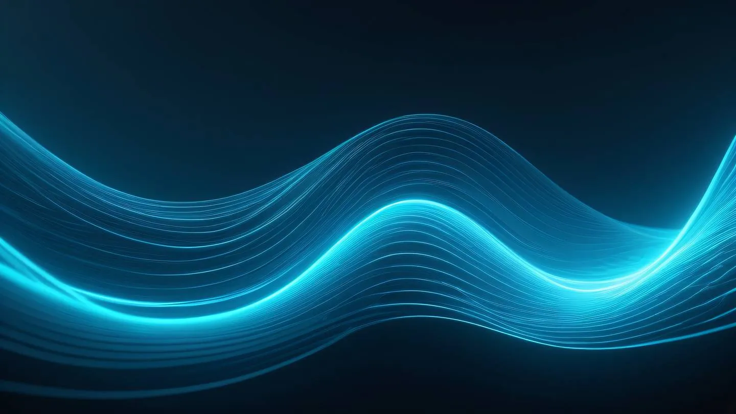 An abstract 3D wave form visualization with flowing neon blue and cyan energy streams dynamic motion trails captured from low angle perspective spotlighting the smooth curves and transitions high-quality ultra-realistic cinematic 8K UHD high resolution sharp and detail