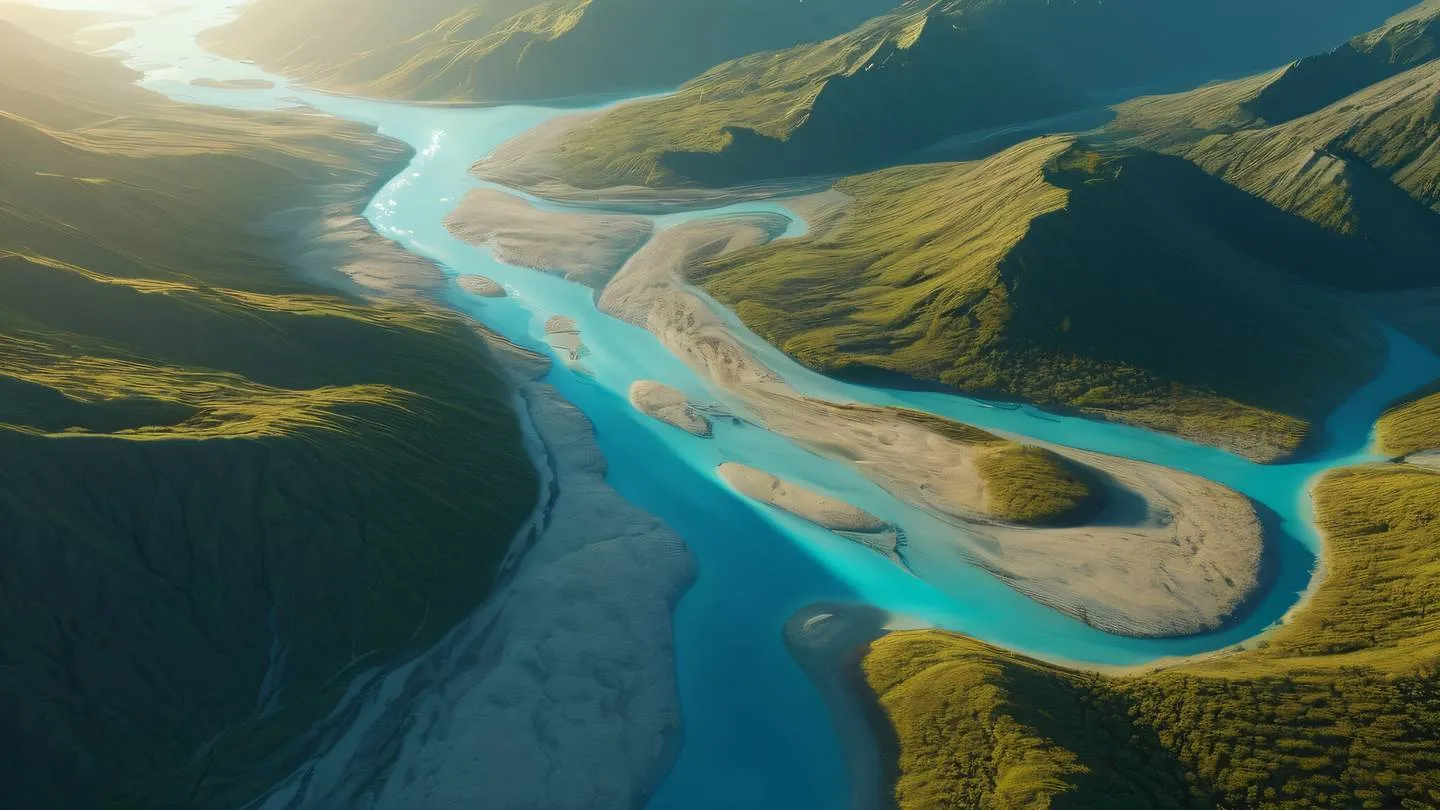 Aerial view of winding river delta branches flowing through bright turquoise glacial landscapes with golden sunlight casting long shadows across the terrain high-quality ultra-realistic cinematic 8K UHD high resolution sharp and detail