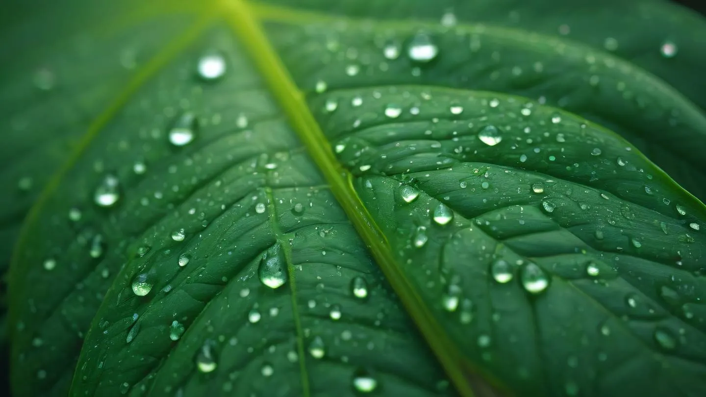 Close-up macro shot of emerald green leaf with water droplets catching morning light dew drops creating natural lens effects captured from top down perspective high-quality ultra-realistic cinematic 8K UHD high resolution sharp and detail