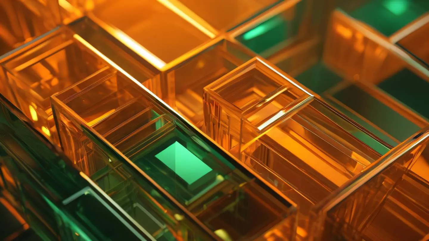 Dynamic abstract geometric composition with interlocking bright orange and green crystalline shapes captured from diagonal perspective with strong directional lighting high-quality ultra-realistic cinematic 8K UHD high resolution sharp and detail