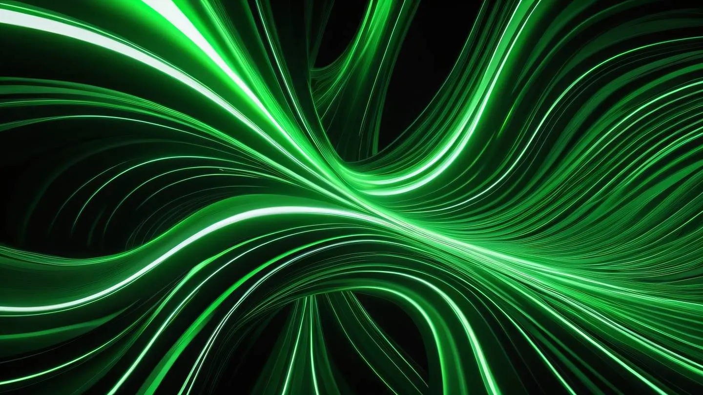 Abstract flowing lines representing smooth animations featuring bright neon green and white gradients swirling in a dynamic pattern against black background ultra-realistic cinematic 8K UHD high resolution overhead camera angle sharp and detailed