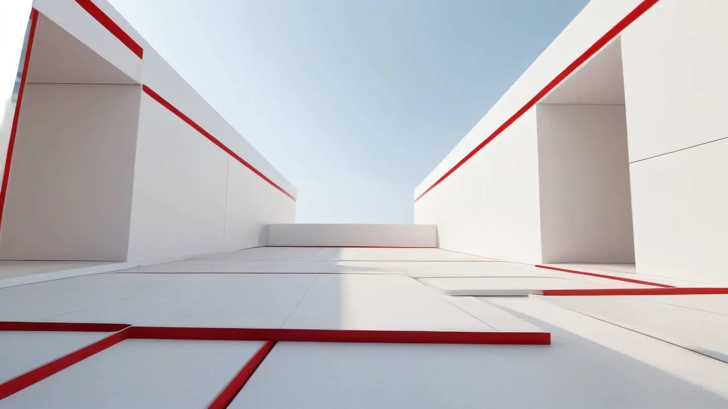 Minimalist geometric shapes with clean lines and sharp edges bright off-white and red color scheme architectural composition ultra-realistic cinematic 8K UHD high resolution low angle shot sharp and detailed