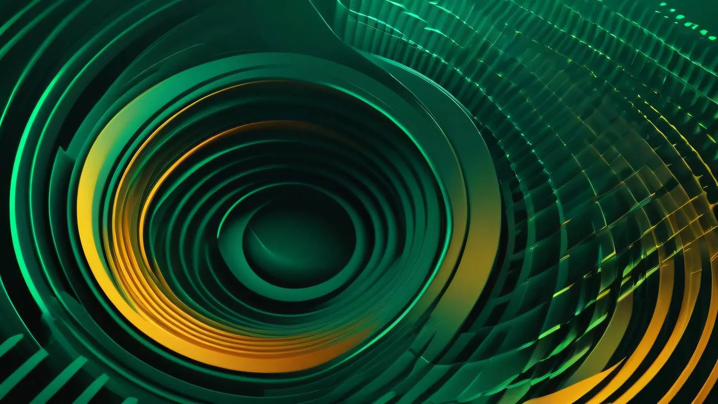 Abstract geometric patterns representing form validation concept vibrant emerald green and amber gradients flowing in circular motions modern minimalist design high-quality ultra-realistic cinematic 8K UHD high resolution sharp and detail